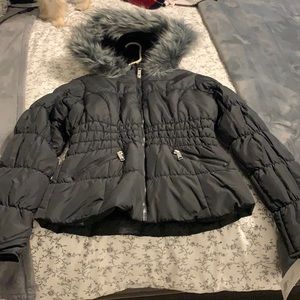 Rouched Waist Puffer with Faux Fur Hood